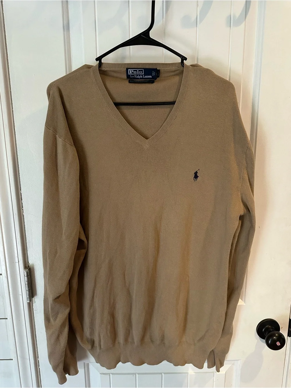 Polo by Ralph Lauren V-Neck Sweater in Tan with Navy Pony